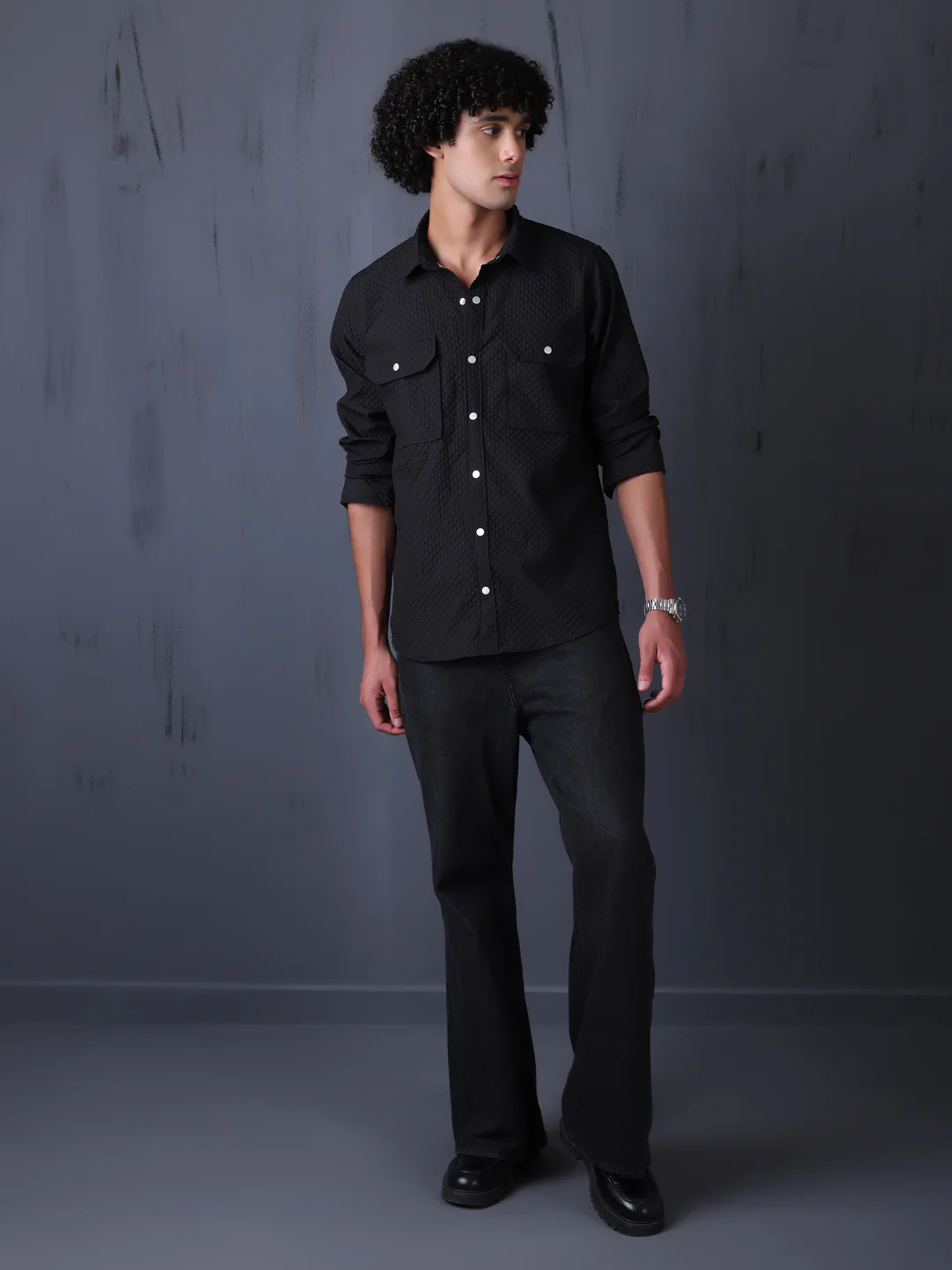 Men's Casual Imported Fabric Double Pocket Cargo Shirts - Black - Image 5