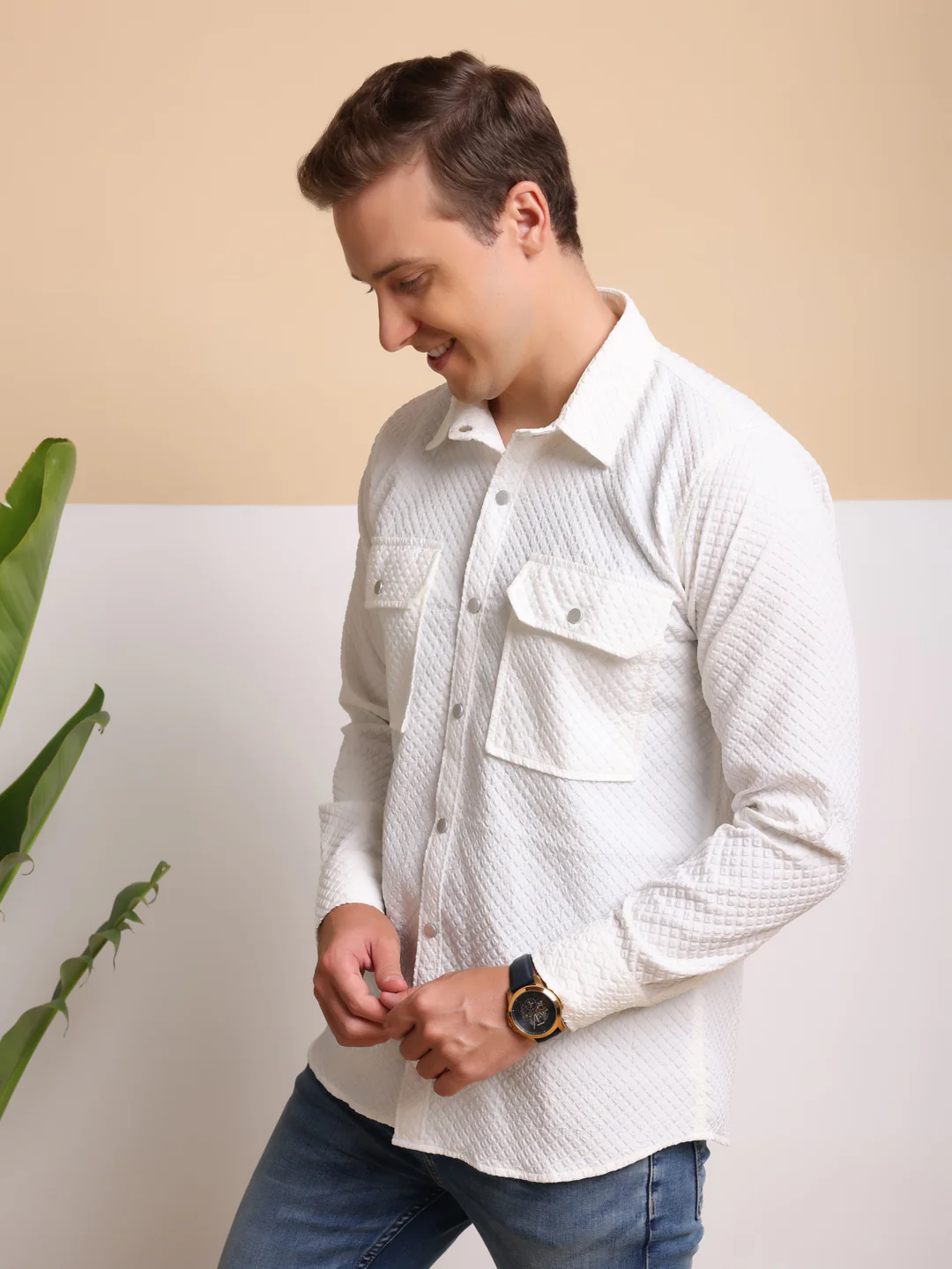 Men's Casual Imported Fabric Double Pocket Cargo Shirts - White - Image 3