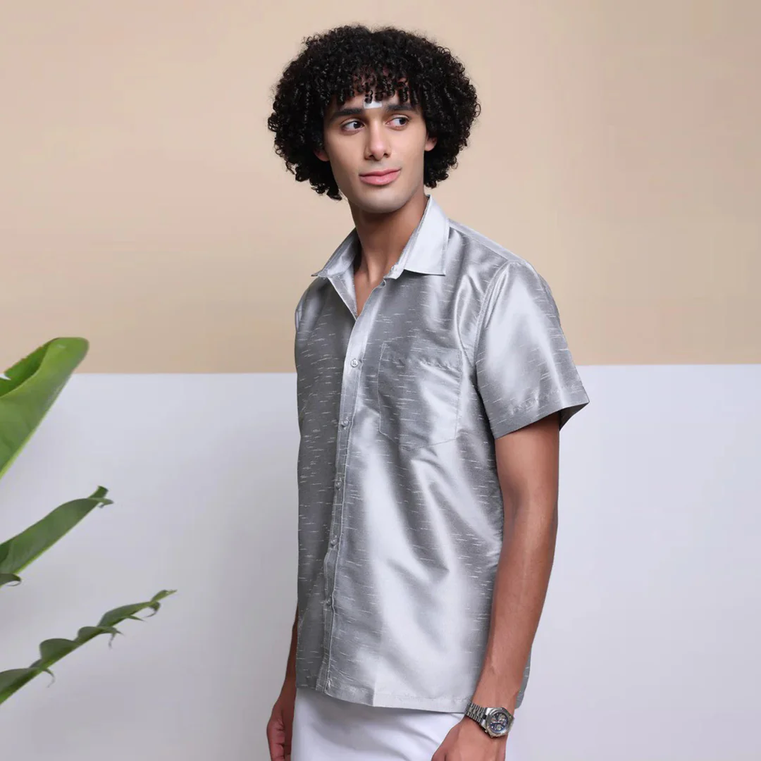 Premium Ethnic Shirts for Men | Traditional South Indian Lungi Shirts (Silver) - Image 3