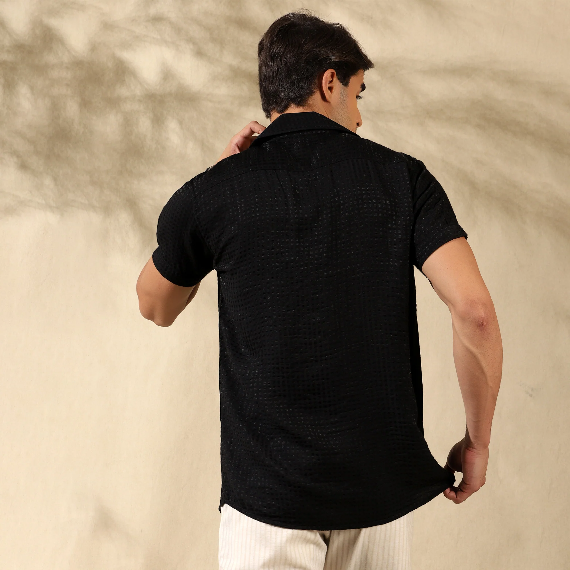 Men's Imported Textured Cuban Collar Casual Half Shirt Black - Image 3