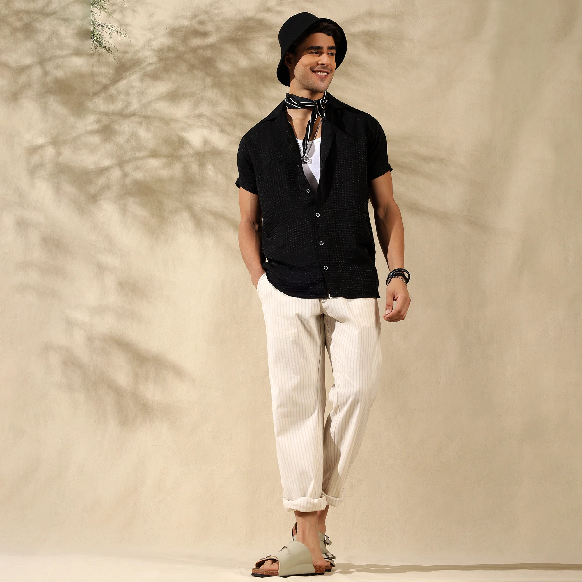 Men's Imported Textured Cuban Collar Casual Half Shirt Black - Image 4