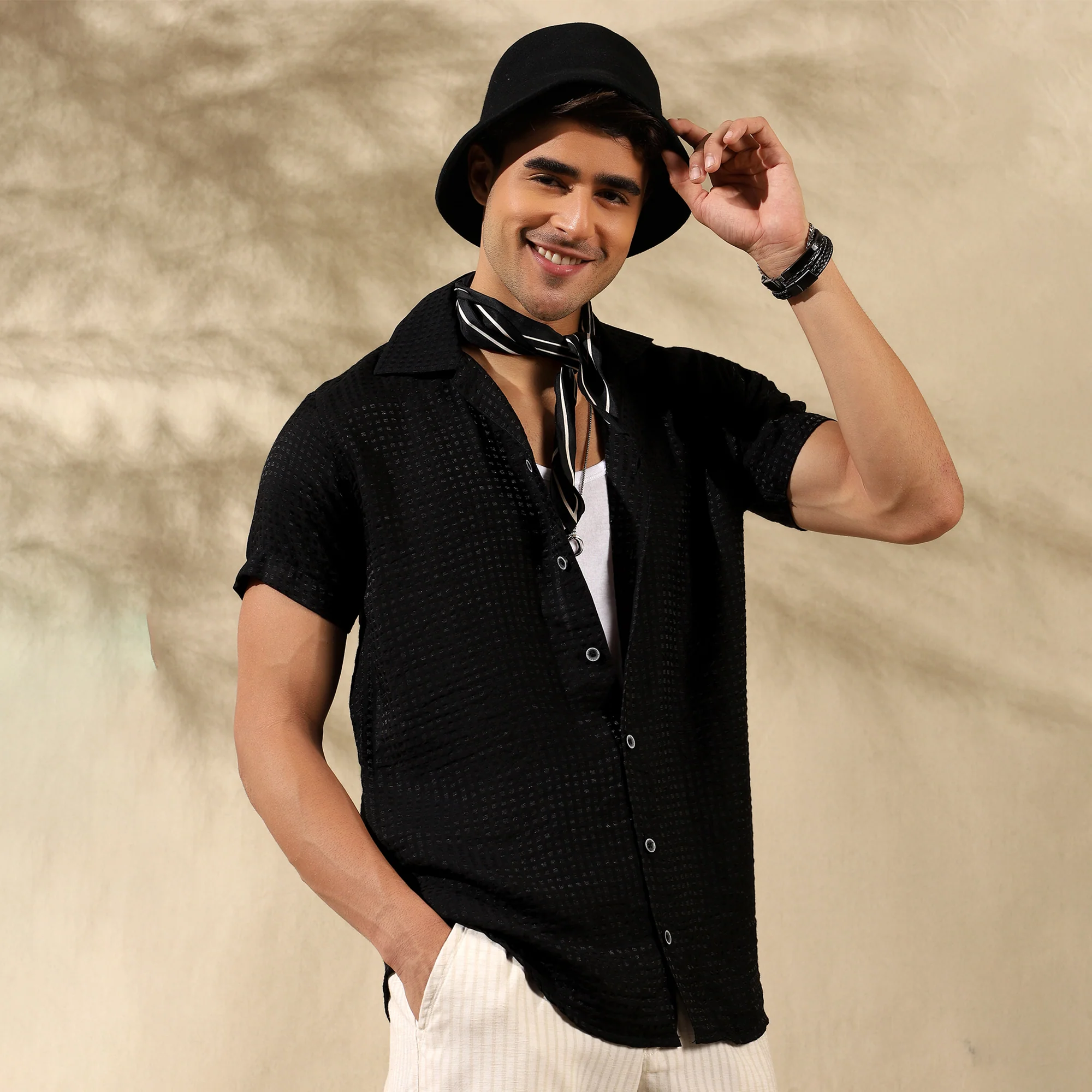 Men's Imported Textured Cuban Collar Casual Half Shirt Black - Image 5