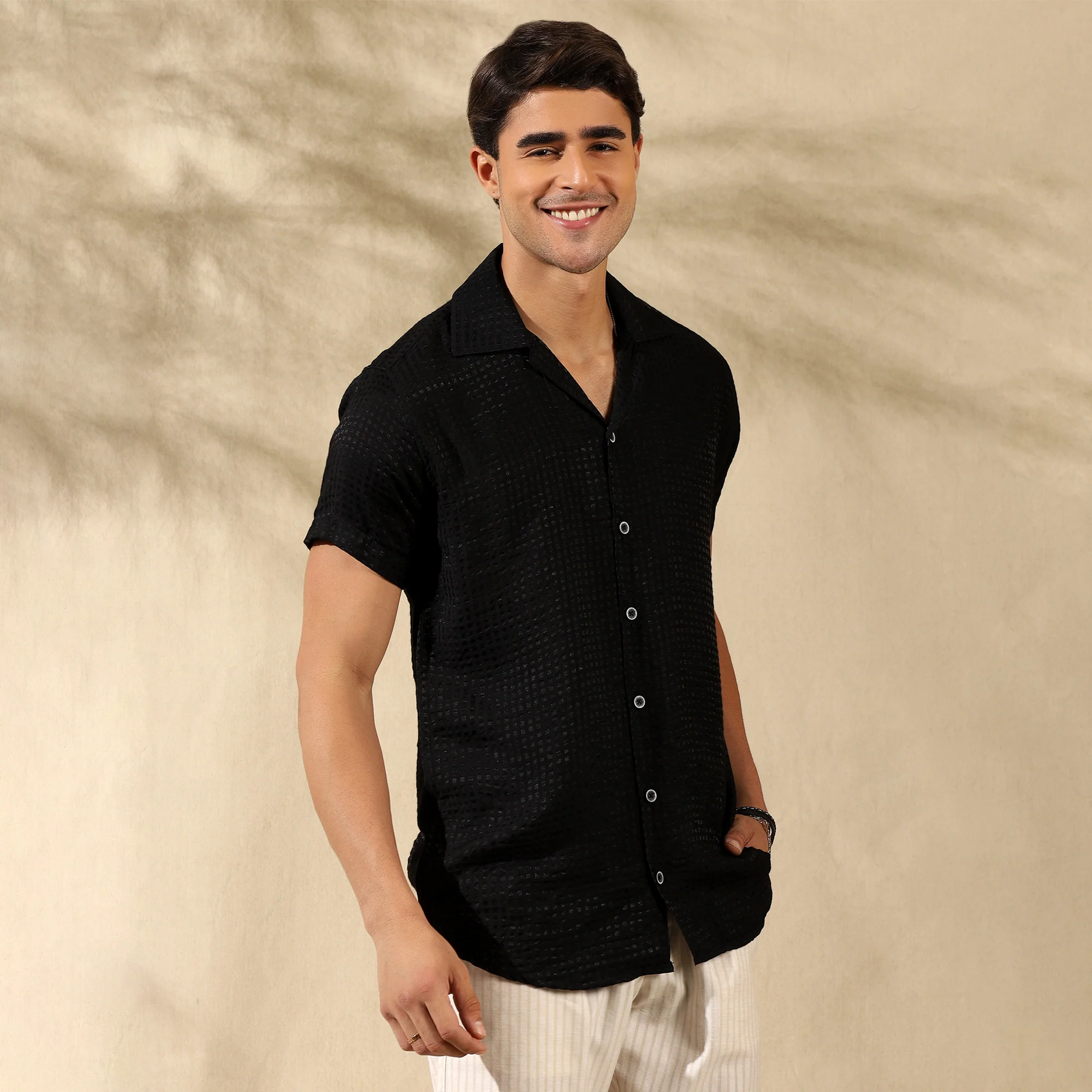 Men's Imported Textured Cuban Collar Casual Half Shirt Black - Image 6