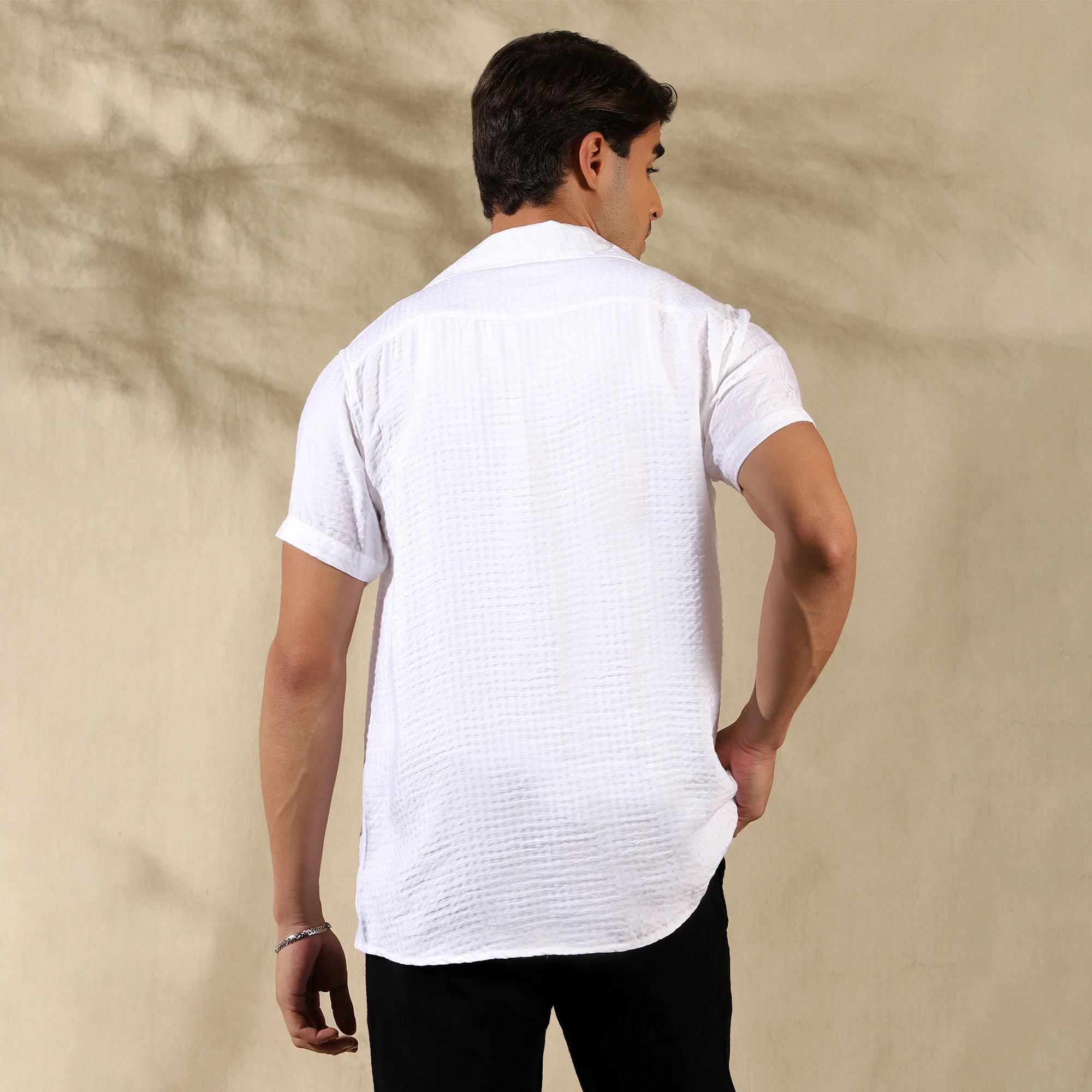 Men's Imported Textured Cuban Collar Casual Half Shirt White - Image 3