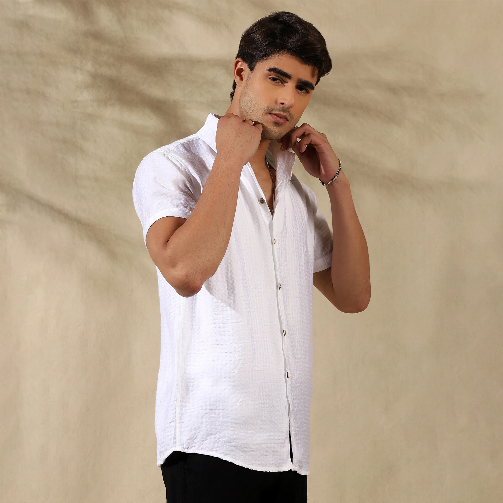 Men's Imported Textured Cuban Collar Casual Half Shirt White - Image 5