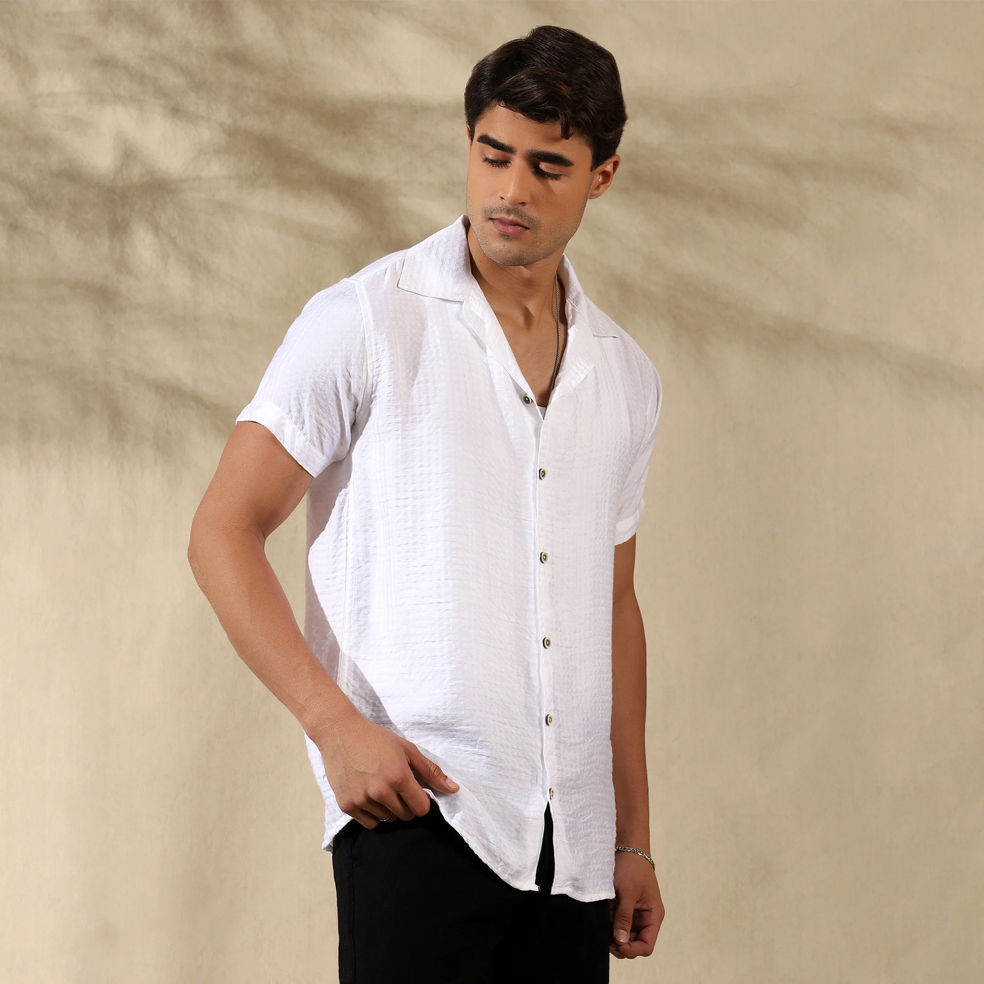Men's Imported Textured Cuban Collar Casual Half Shirt White - Image 6