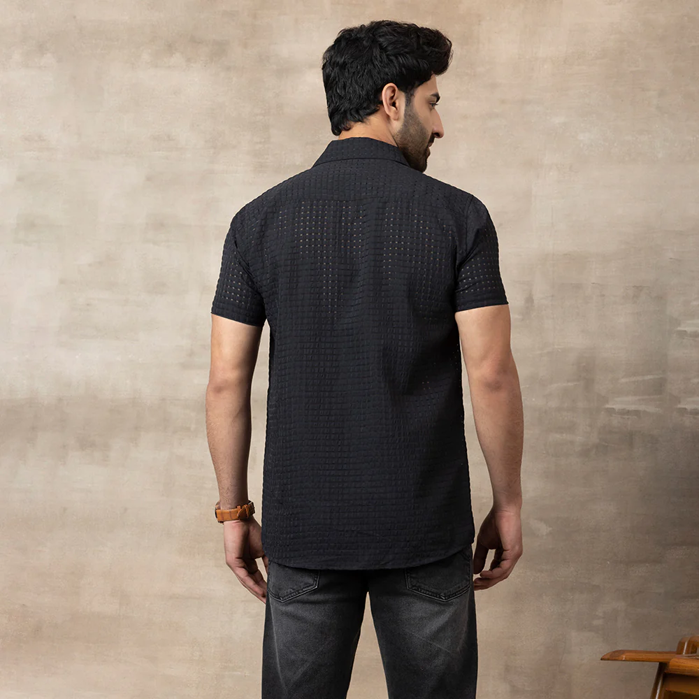 Men's Net Self Cuban Collar Casual Shirt Black - Image 3