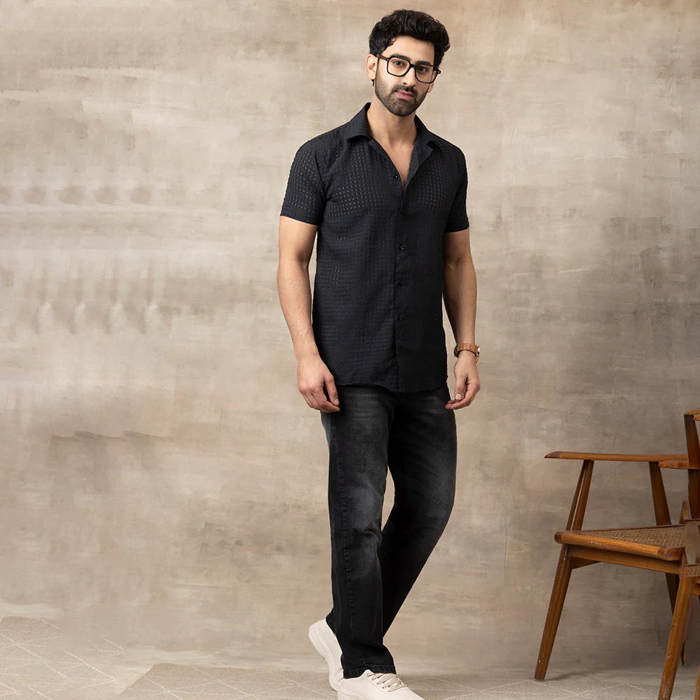 Men's Net Self Cuban Collar Casual Shirt Black - Image 4