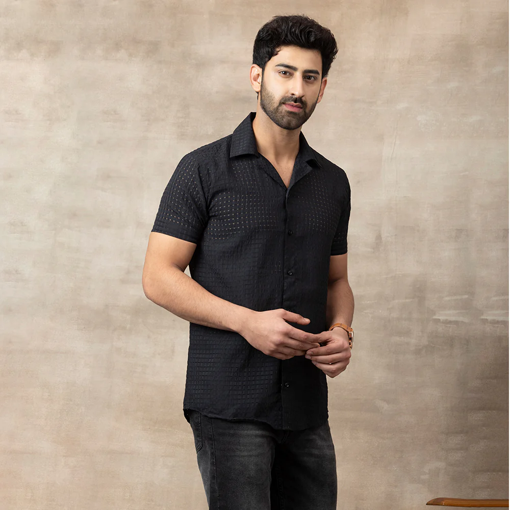 Men's Net Self Cuban Collar Casual Shirt Black - Image 5