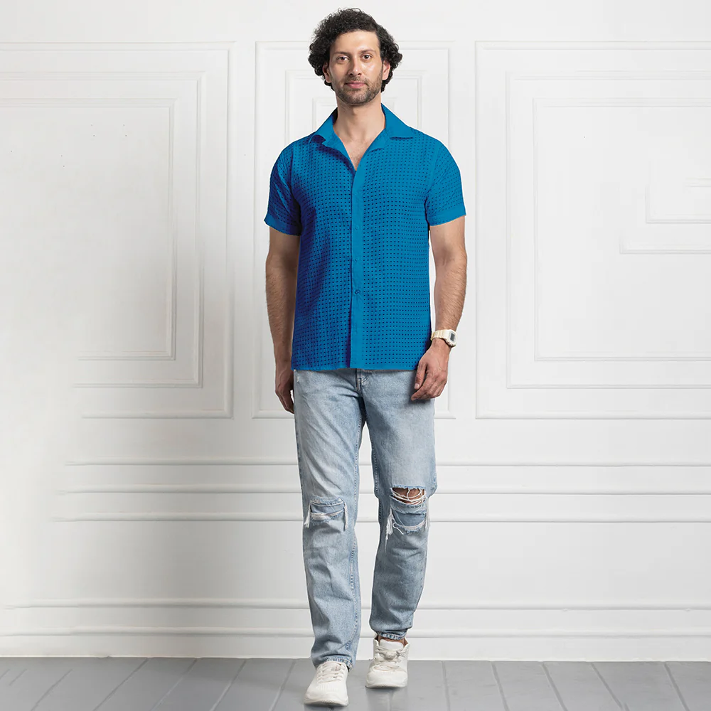 Men's Net Self Cuban Collar Casual Shirt Blue - Image 4