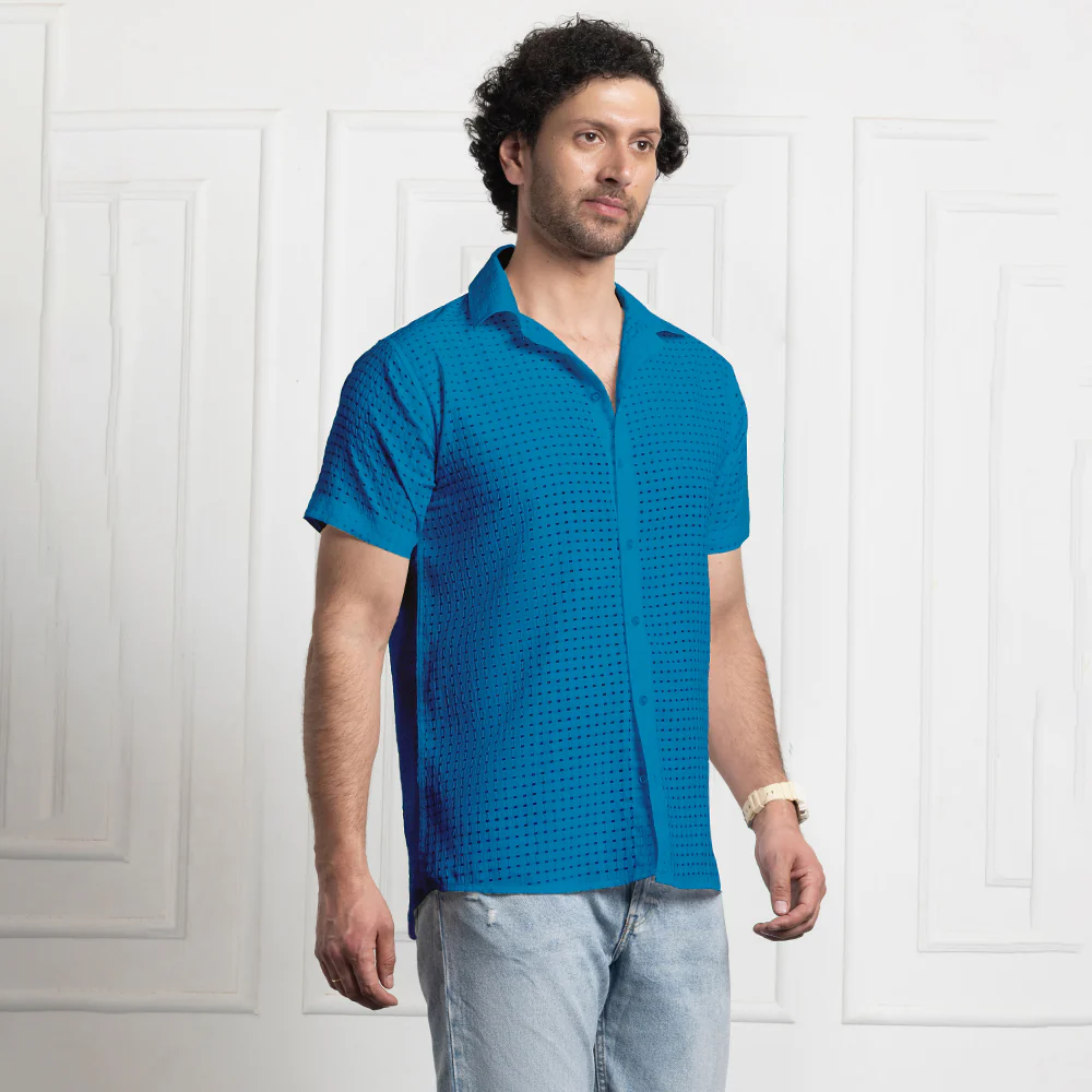 Men's Net Self Cuban Collar Casual Shirt Blue - Image 5