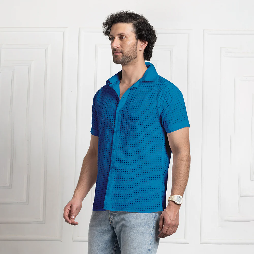 Men's Net Self Cuban Collar Casual Shirt Blue - Image 6