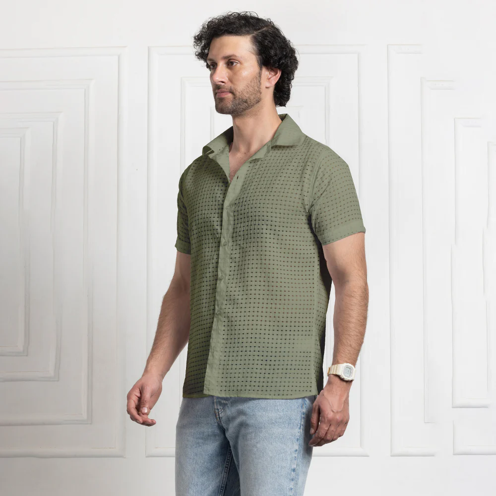 Men's Net Self Cuban Collar Casual Shirt Olive Green - Image 3