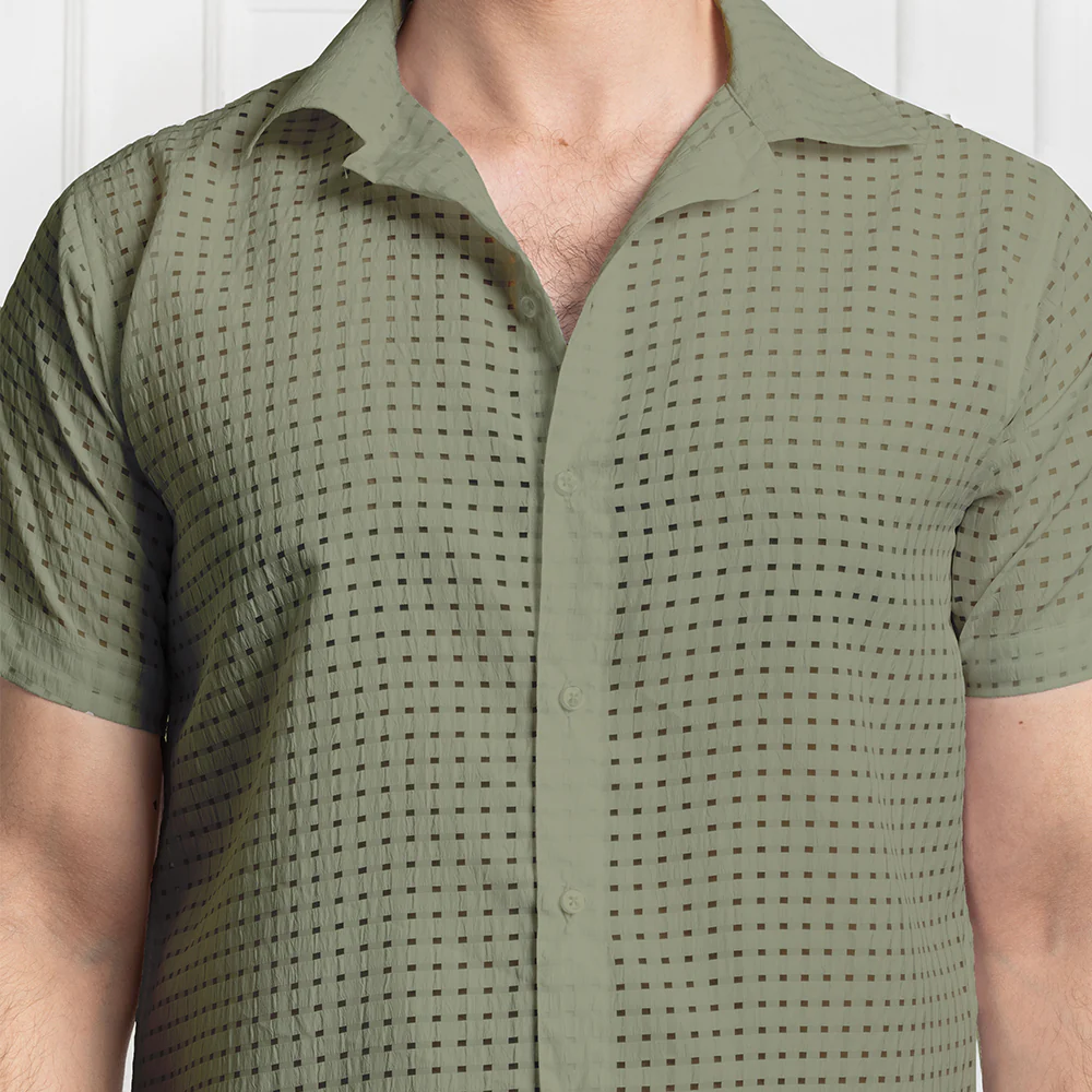 Men's Net Self Cuban Collar Casual Shirt Olive Green - Image 4