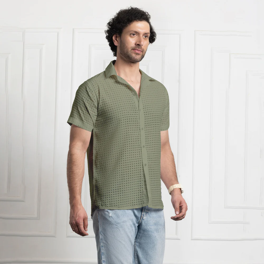 Men's Net Self Cuban Collar Casual Shirt Olive Green - Image 5
