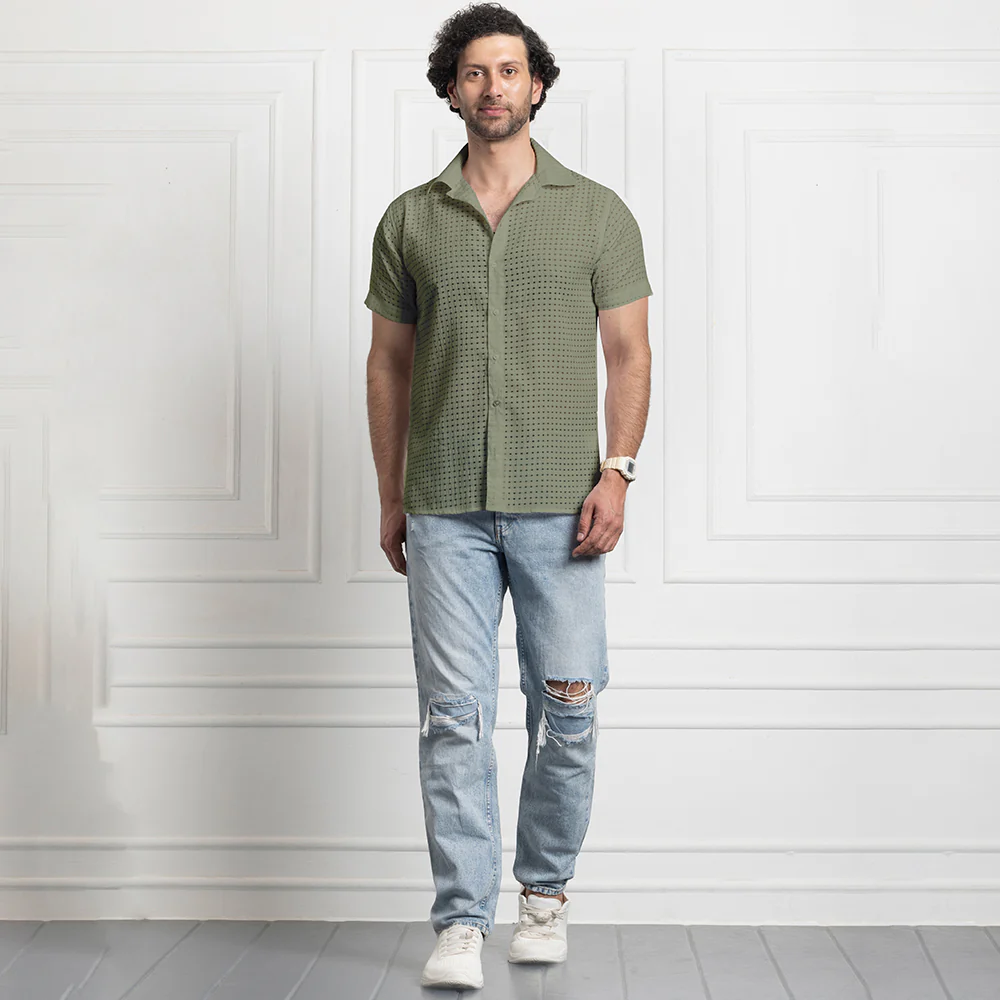 Men's Net Self Cuban Collar Casual Shirt Olive Green - Image 6