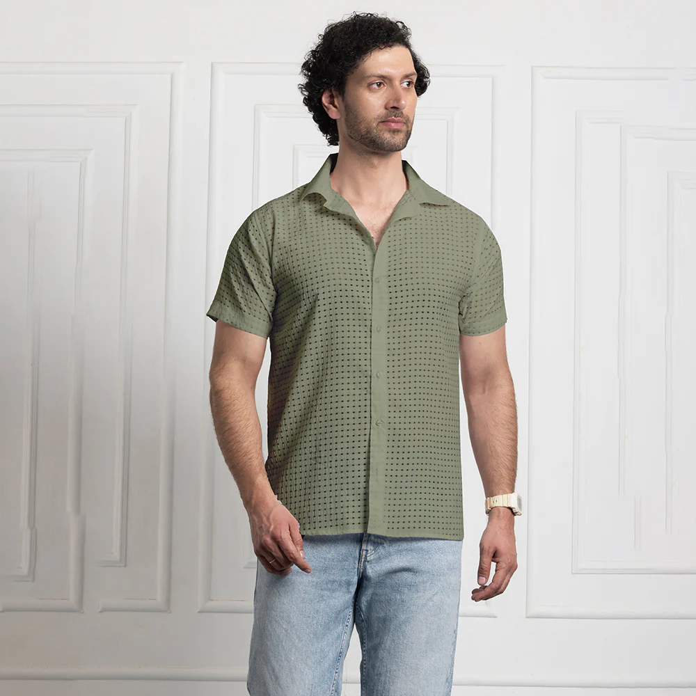 Men's Net Self Cuban Collar Casual Shirt Olive Green - Image 7
