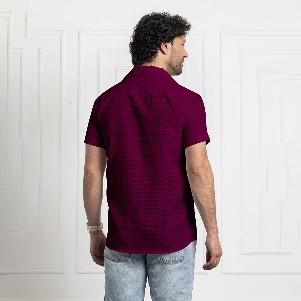 Men's Net Self Cuban Collar Casual Shirt Purple - Image 3
