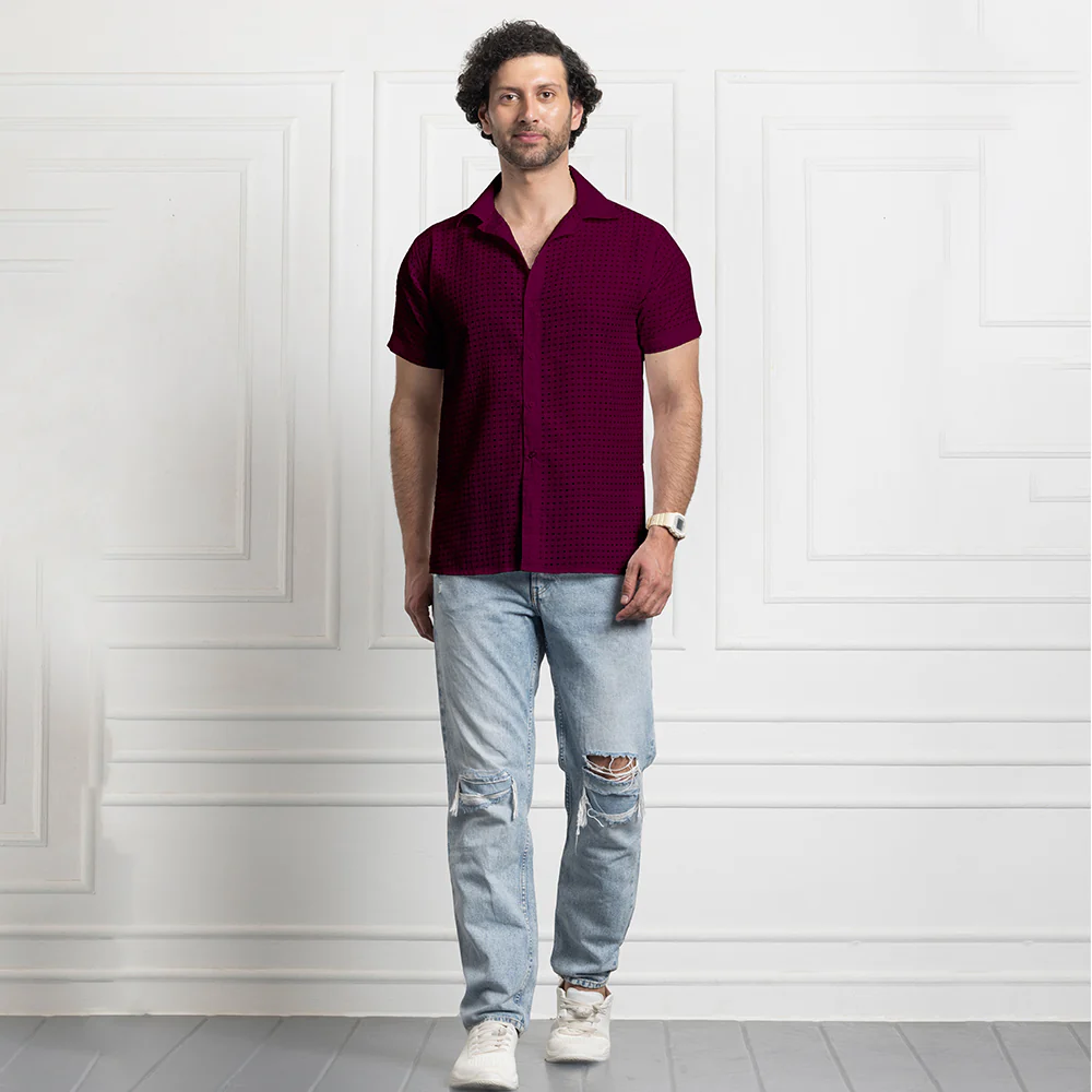 Men's Net Self Cuban Collar Casual Shirt Purple - Image 4