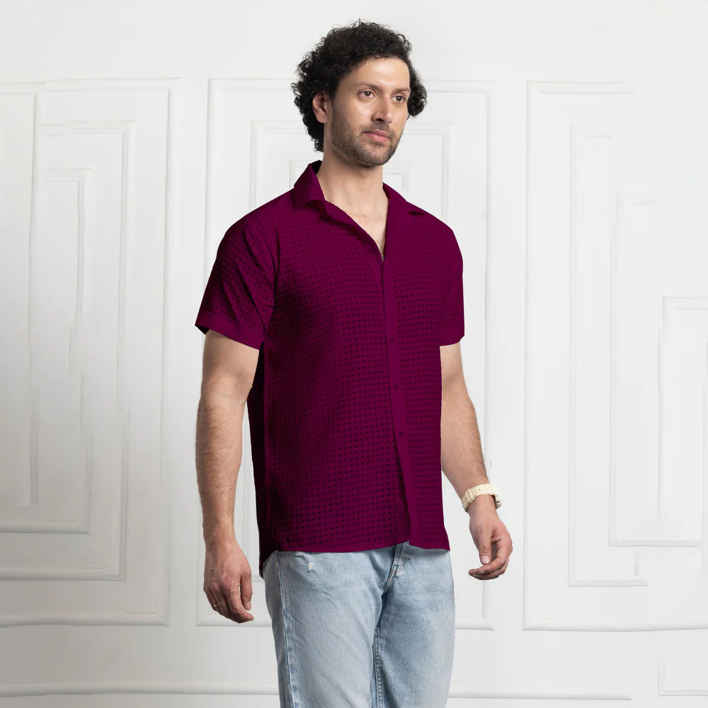 Men's Net Self Cuban Collar Casual Shirt Purple - Image 5