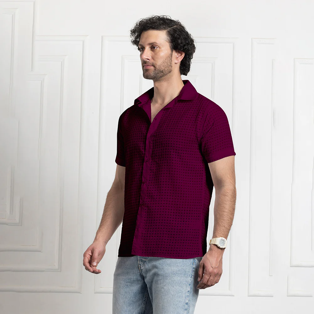 Men's Net Self Cuban Collar Casual Shirt Purple - Image 6