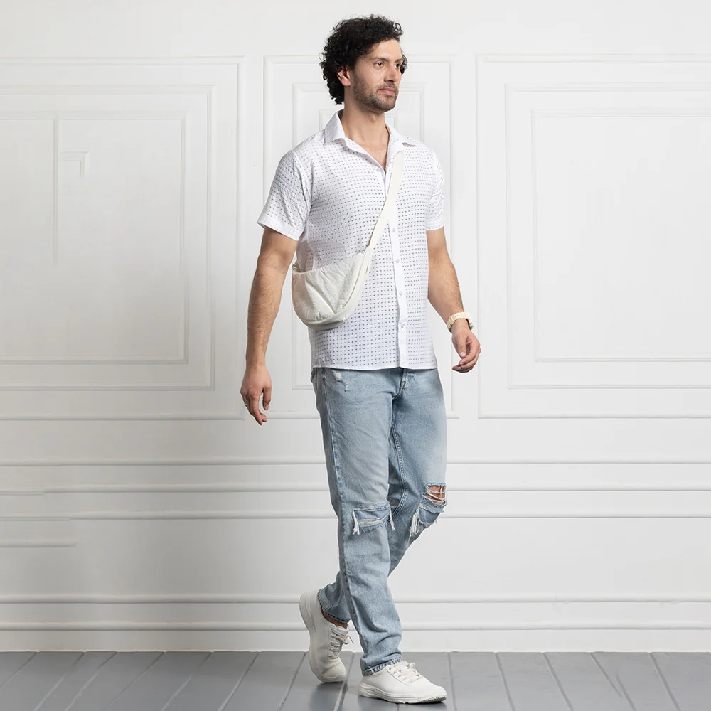 Men's Net Self Cuban Collar Casual Shirt White - Image 4