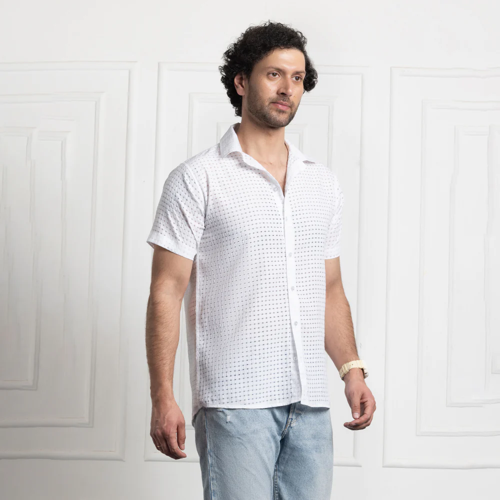 Men's Net Self Cuban Collar Casual Shirt White - Image 5