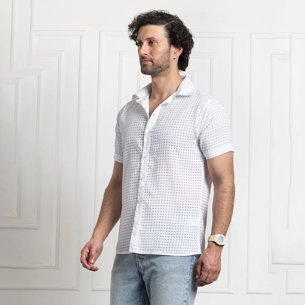 Men's Net Self Cuban Collar Casual Shirt White - Image 6