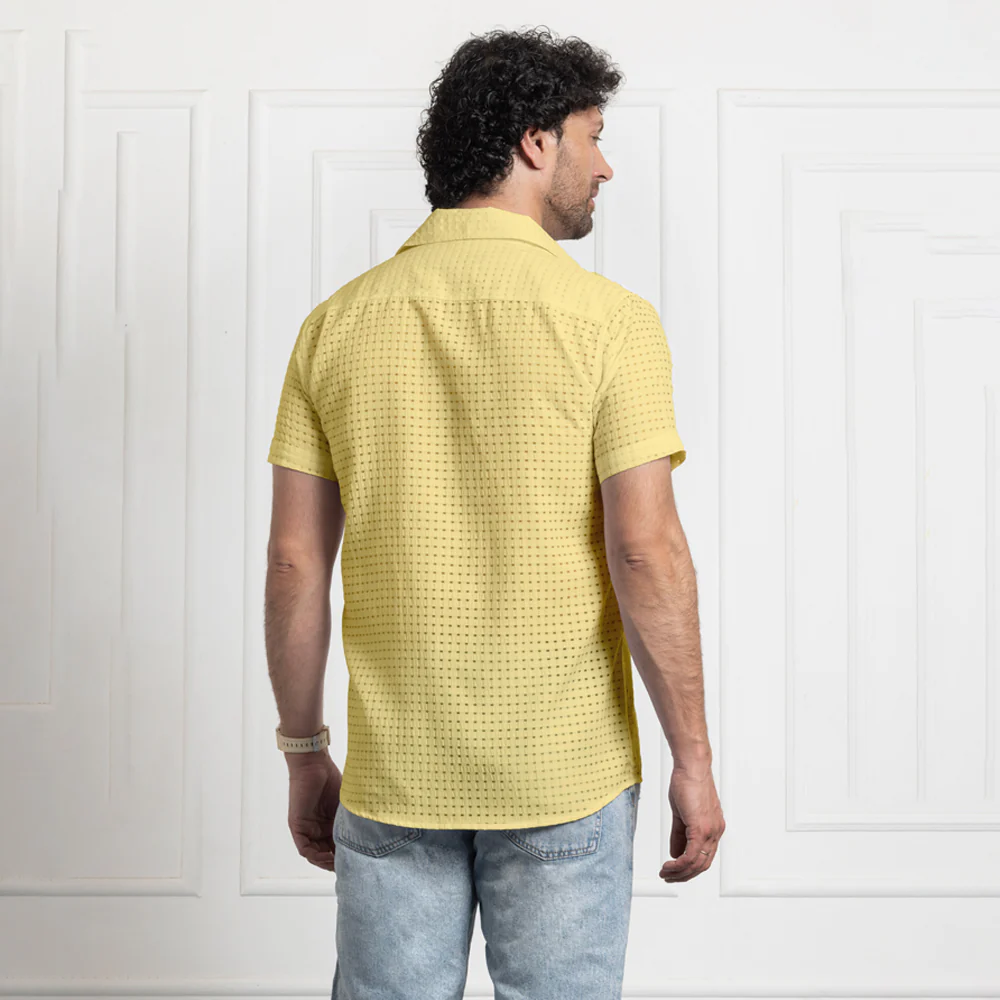 Men's Net Self Cuban Collar Casual Shirt Yellow - Image 3