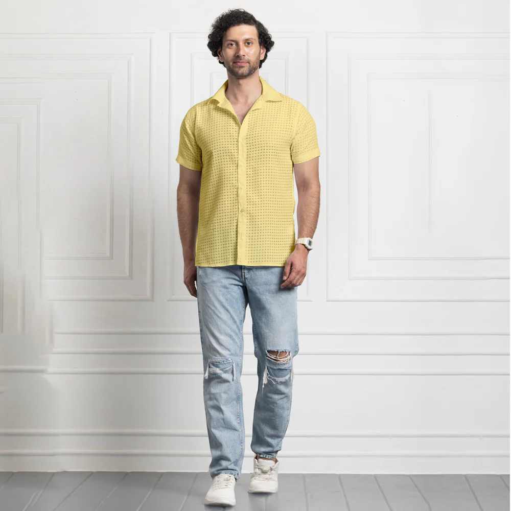 Men's Net Self Cuban Collar Casual Shirt Yellow - Image 4
