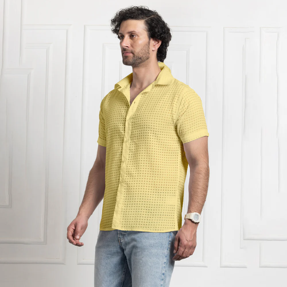 Men's Net Self Cuban Collar Casual Shirt Yellow - Image 5