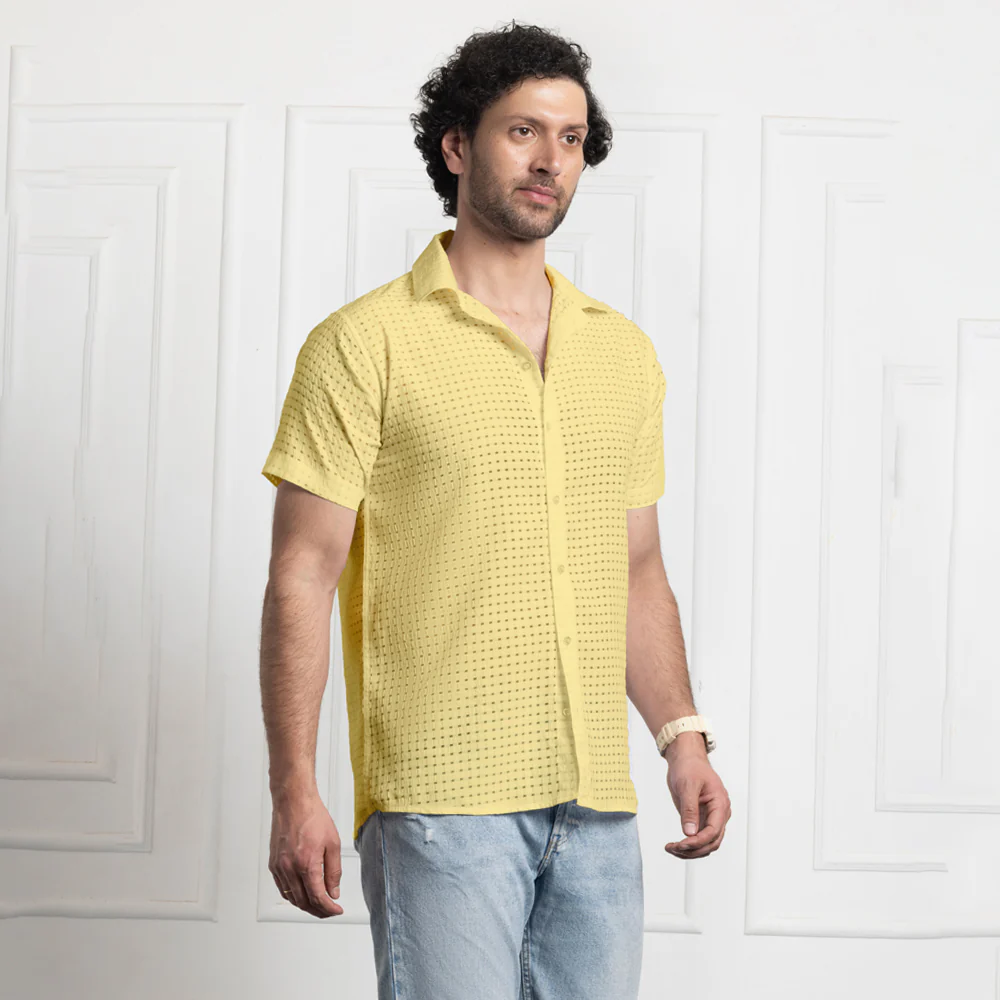 Men's Net Self Cuban Collar Casual Shirt Yellow - Image 6