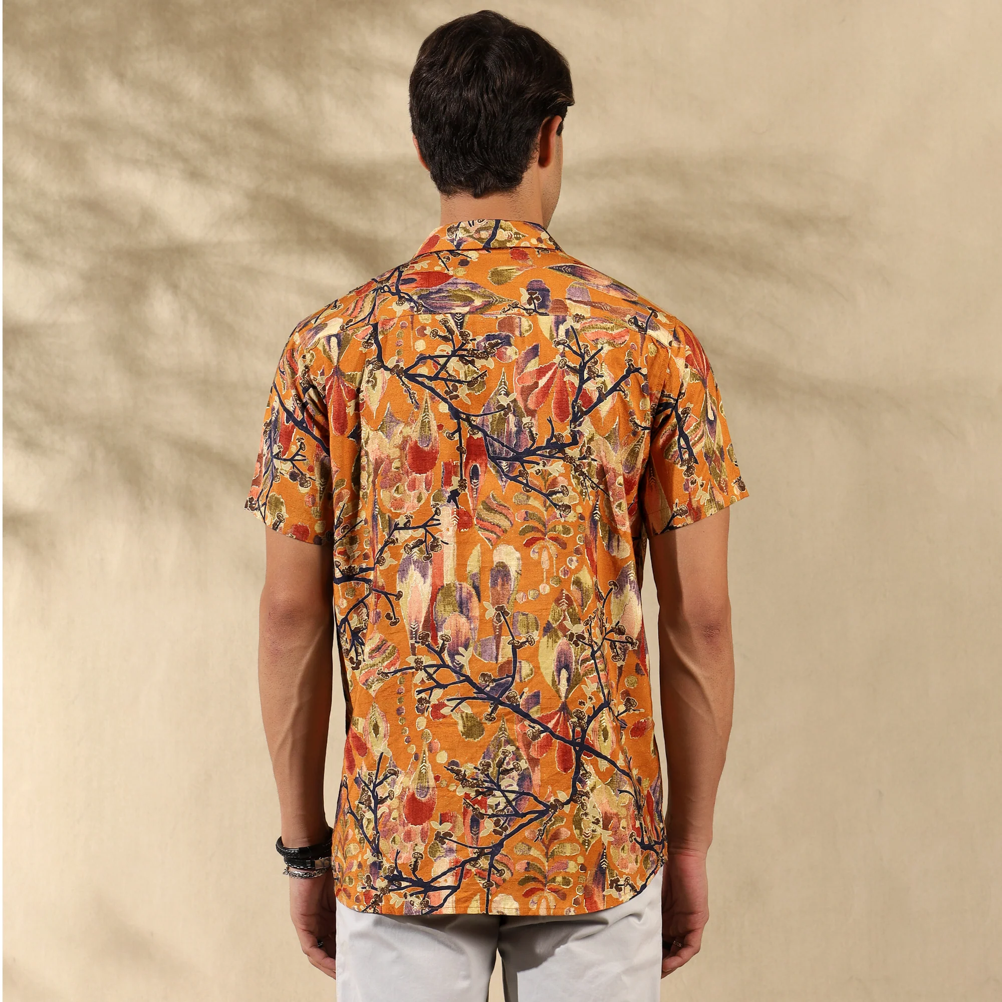 MUSTARD YELLOW HALF CASUAL PRINTED COTTON SHIRT REGULAR FIT FOR MEN - Image 3
