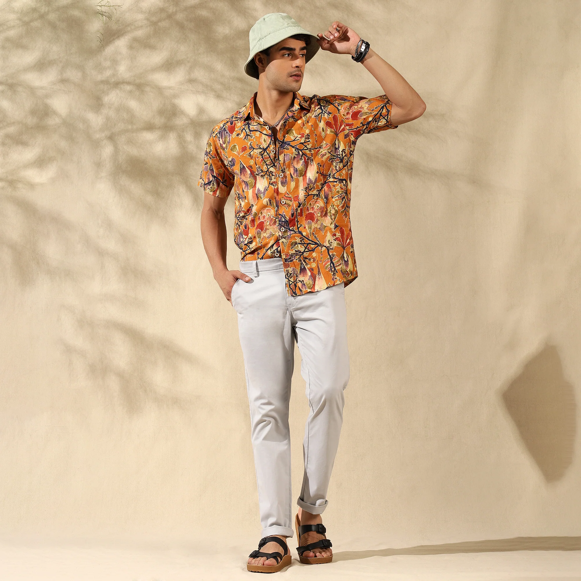 MUSTARD YELLOW HALF CASUAL PRINTED COTTON SHIRT REGULAR FIT FOR MEN - Image 4