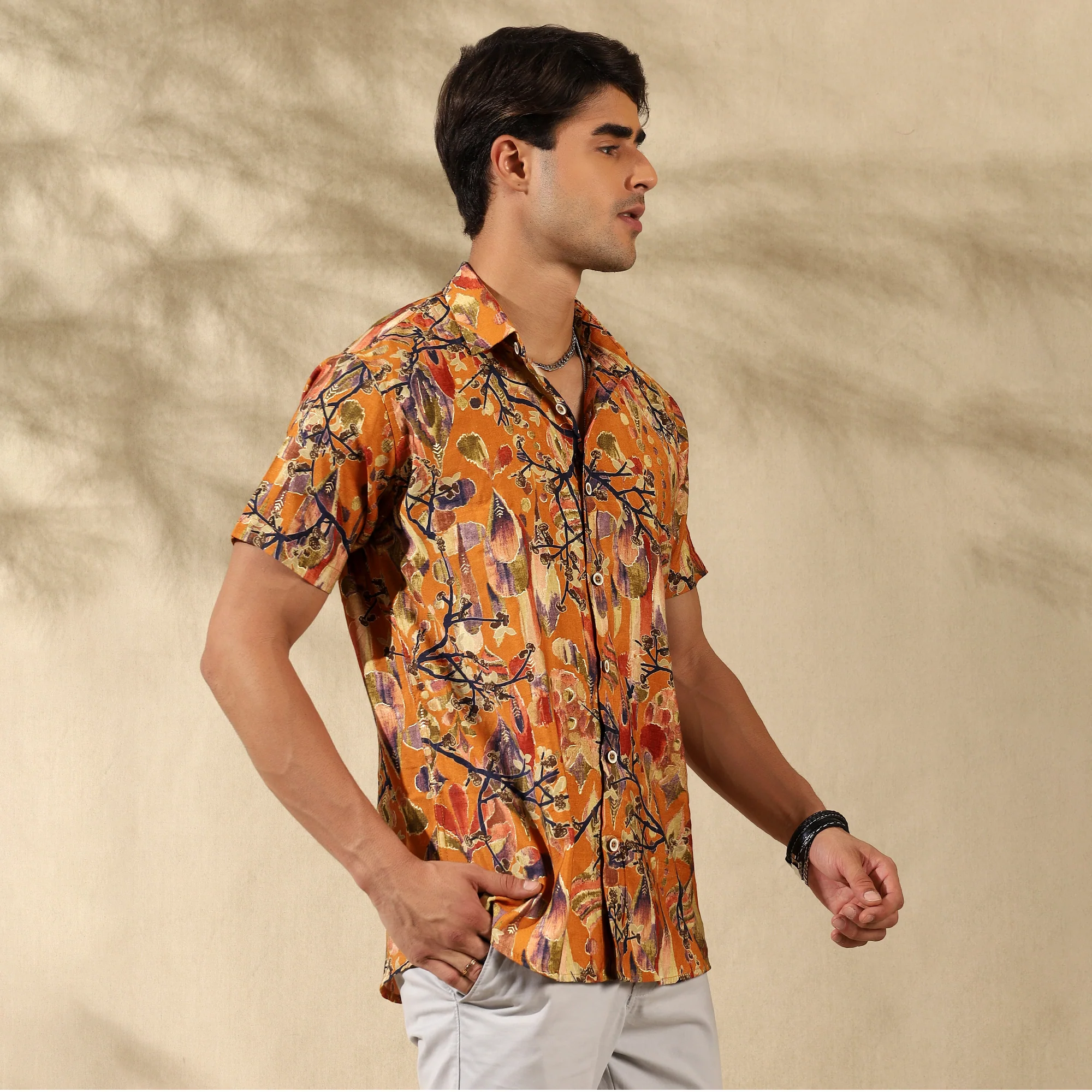 MUSTARD YELLOW HALF CASUAL PRINTED COTTON SHIRT REGULAR FIT FOR MEN - Image 5