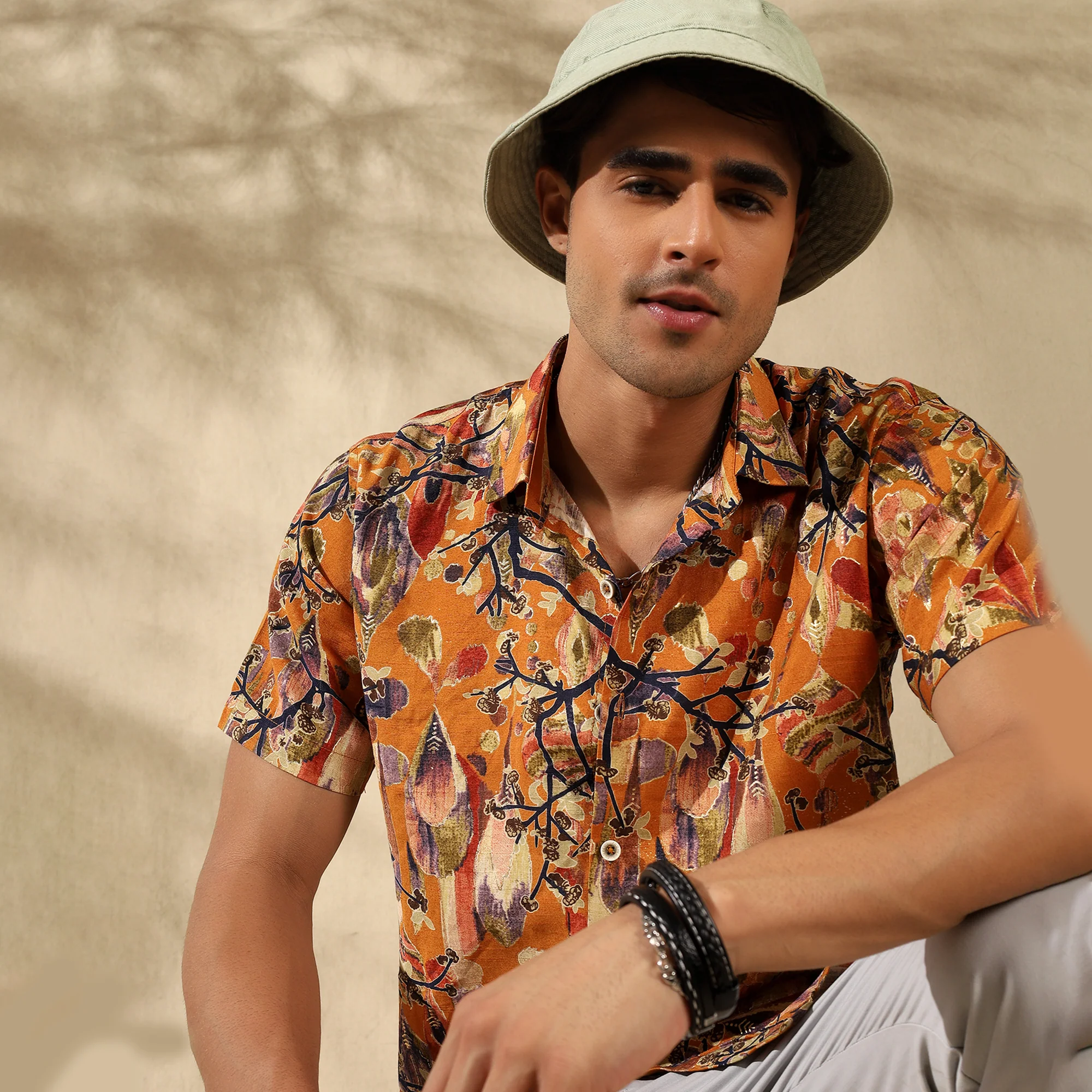 MUSTARD YELLOW HALF CASUAL PRINTED COTTON SHIRT REGULAR FIT FOR MEN - Image 6