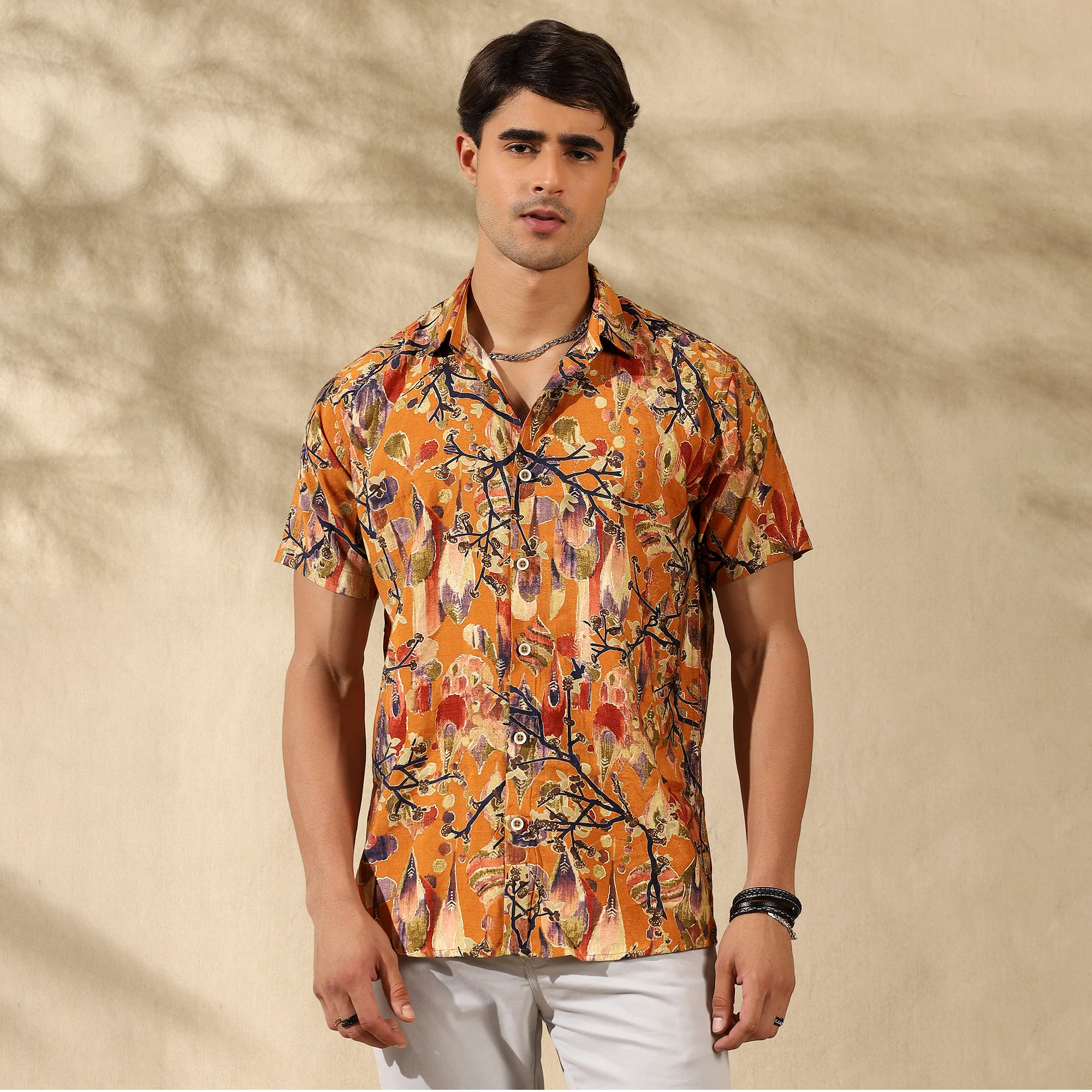 MUSTARD YELLOW HALF CASUAL PRINTED COTTON SHIRT REGULAR FIT FOR MEN - Image 7
