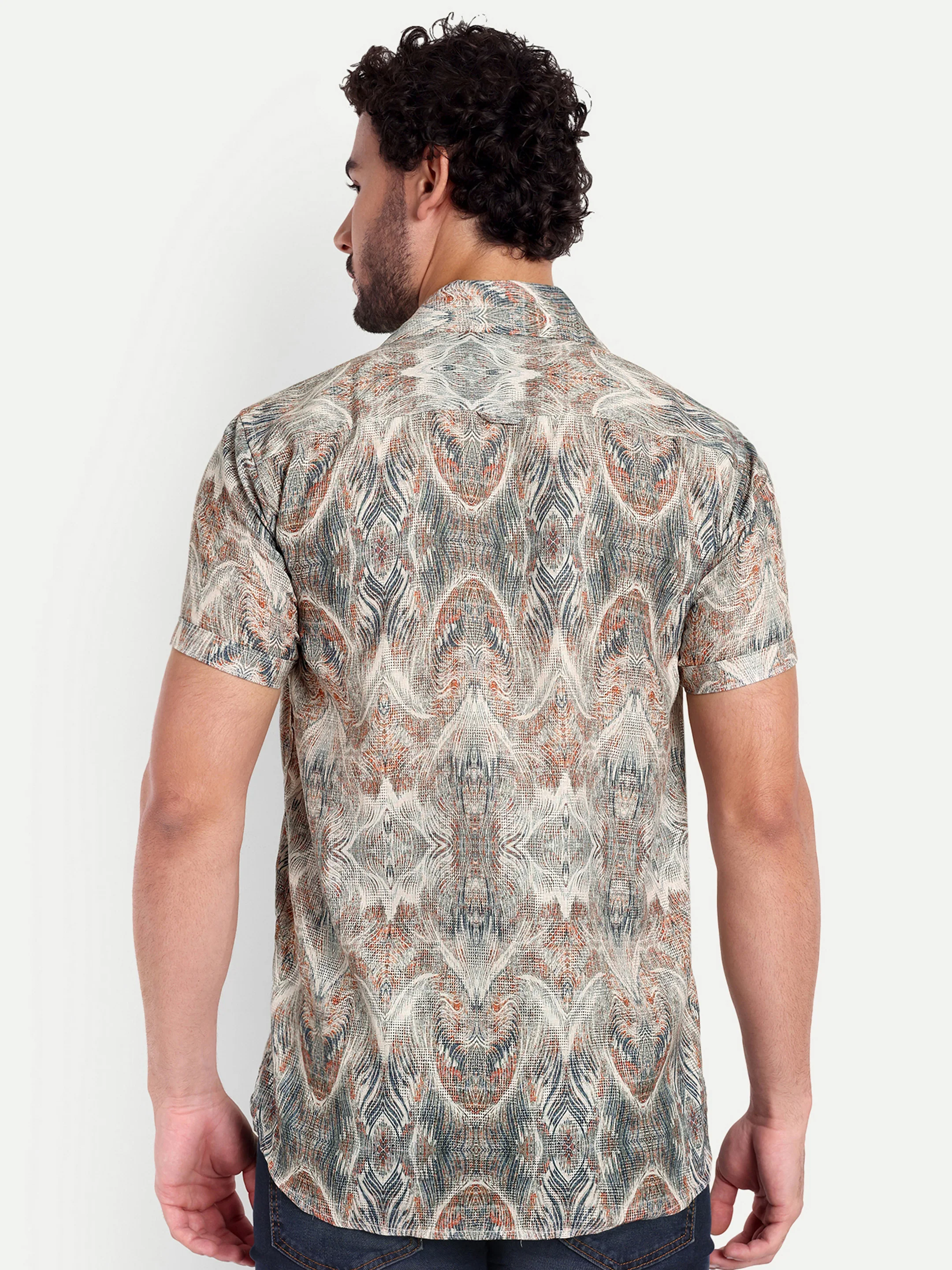 Green Printed Textured Half Shirt - Image 3