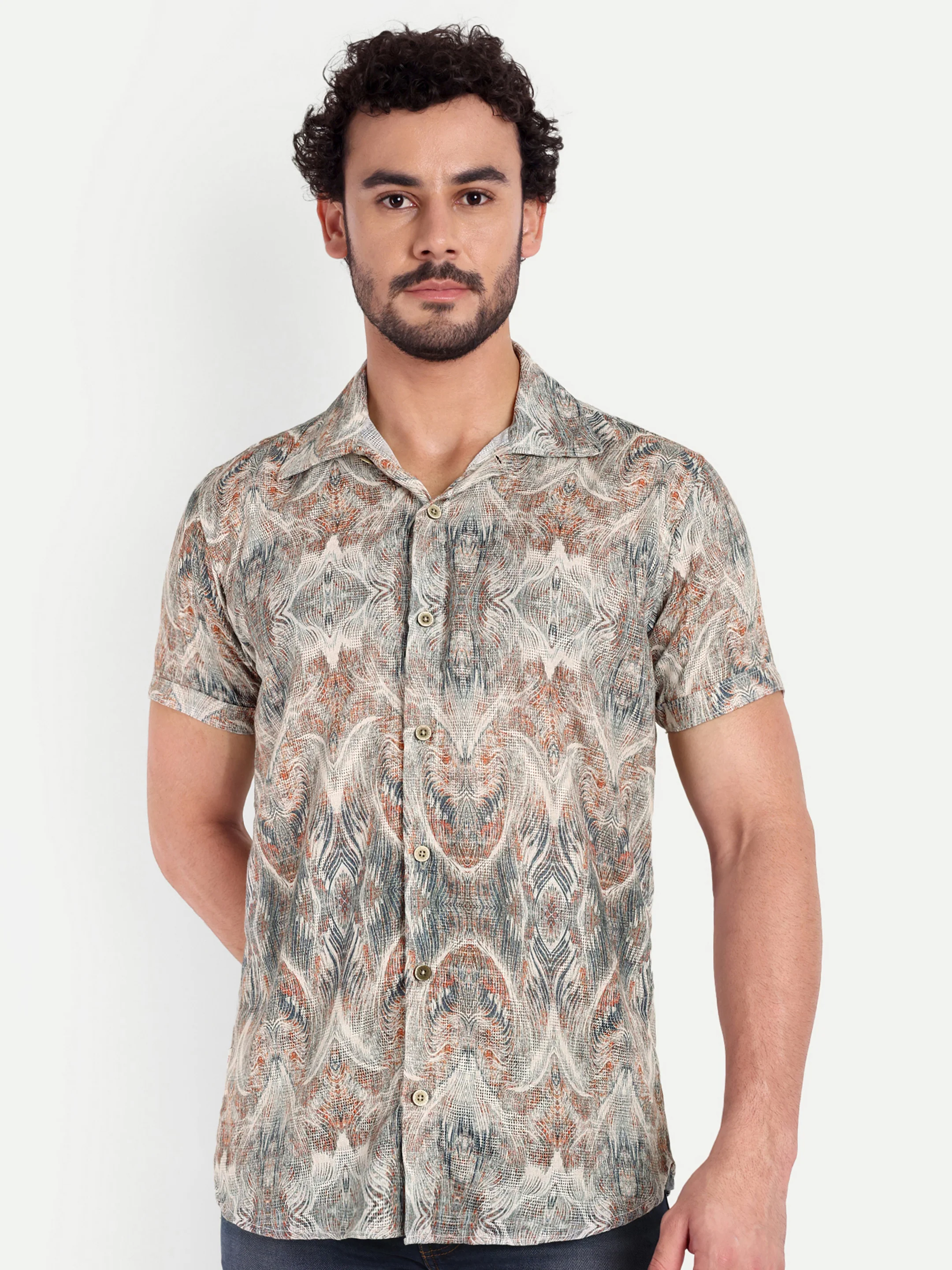 Green Printed Textured Half Shirt - Image 4