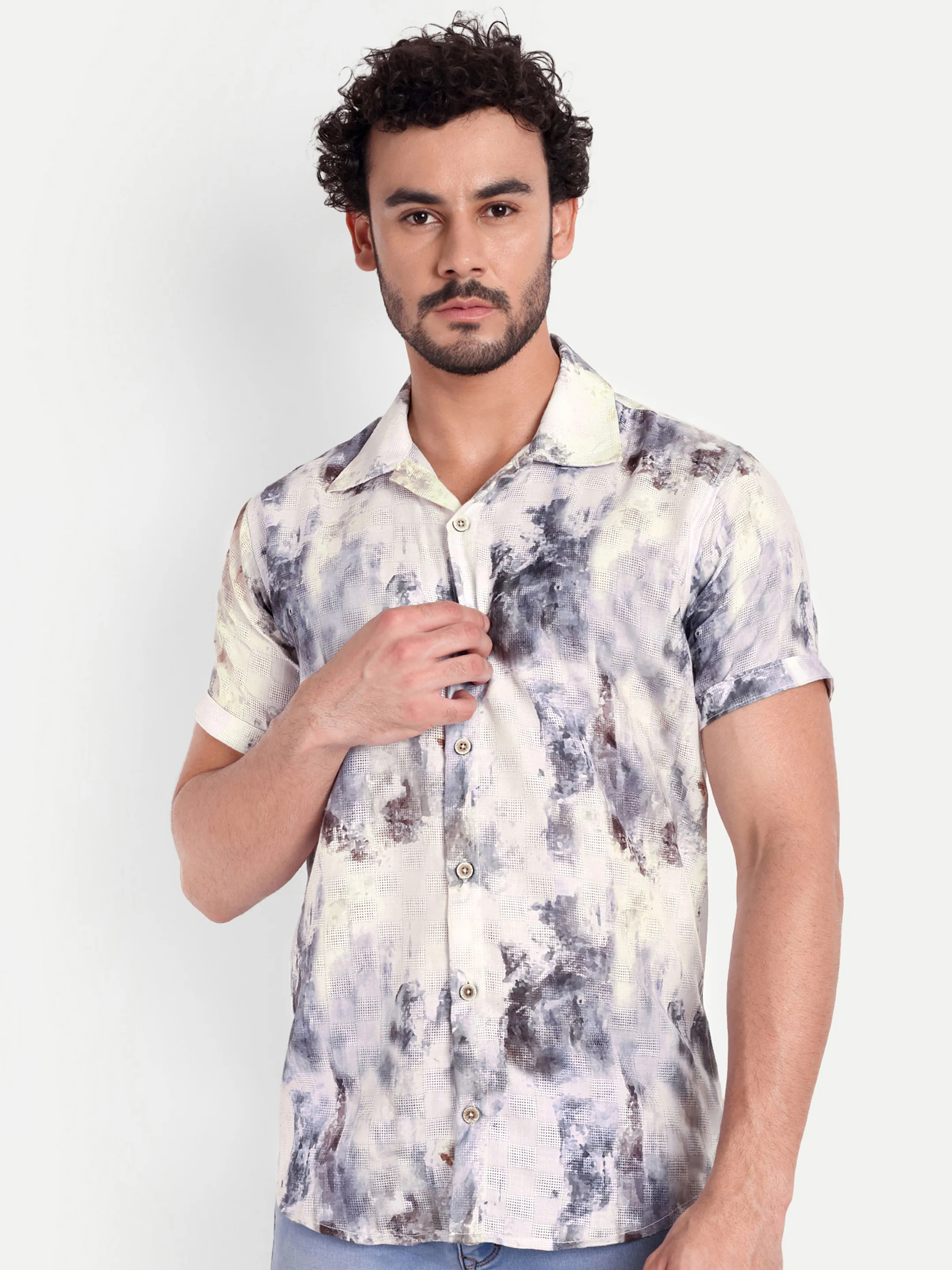 White Printed Textured Half Shirt - Image 4