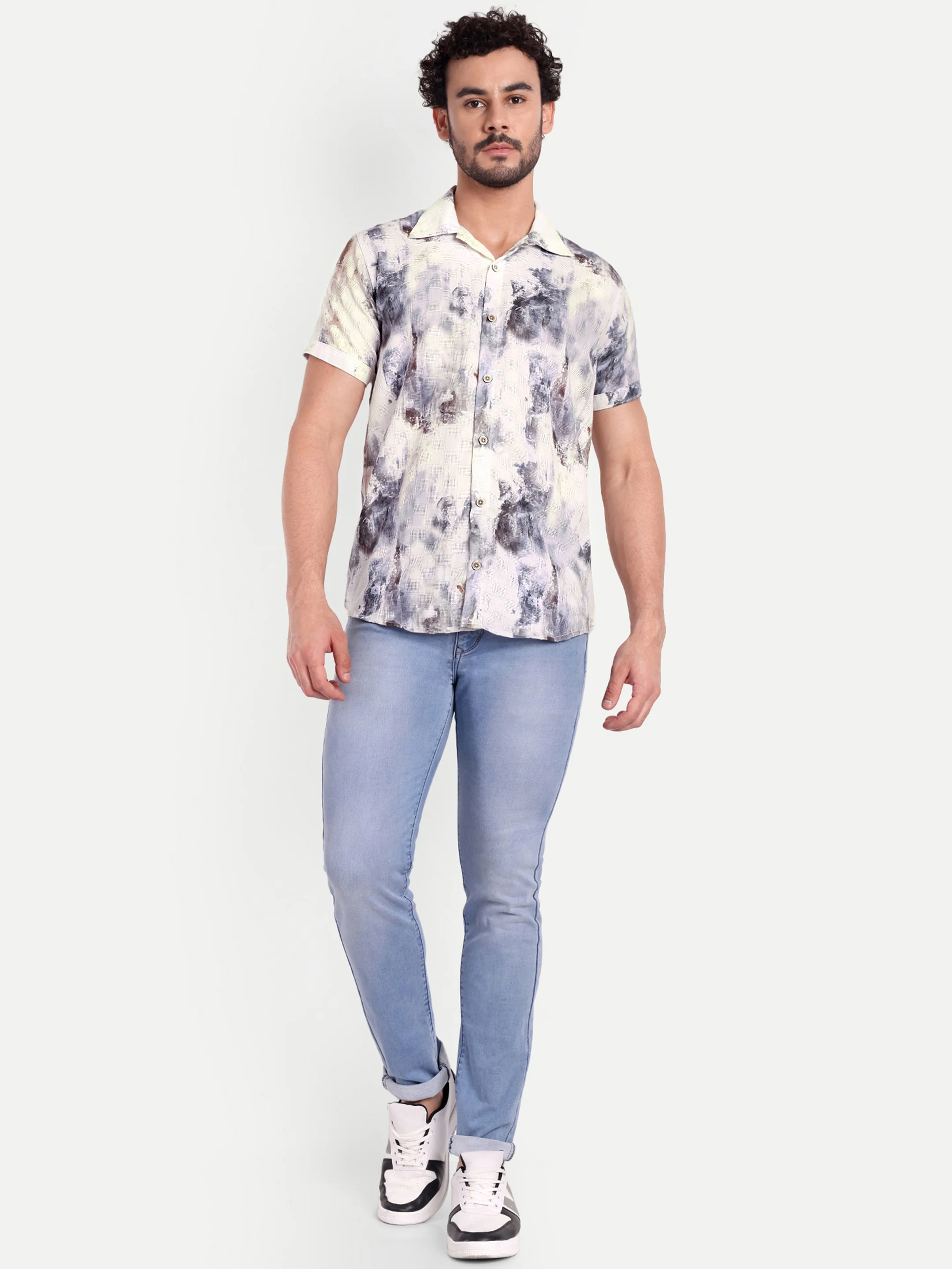White Printed Textured Half Shirt - Image 5